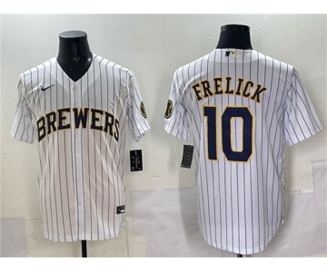 Men's Milwaukee Brewers #10 Sal Frelick White Pinstripe 2025 With Patch Stitched Baseball Jersey