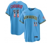 Men's Milwaukee Brewers #11 Jackson Chourio Blue 2026 USA 250 Fourth of July Home Stadium Stitched Baseball Jersey Men's Milwaukee Brewers #11 Jackson Chourio Blue 2026 USA 250 Fourth of July Home Stadium Stitched Baseball Jersey