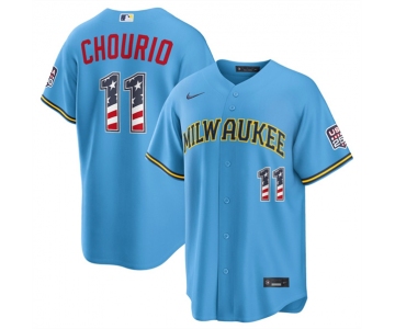 Men's Milwaukee Brewers #11 Jackson Chourio Blue 2026 USA 250 Fourth of July Home Stadium Stitched Baseball Jersey