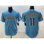 Men's Milwaukee Brewers #11 Jackson Chourio Blue With Home & Bob Uecker Patch Stitched Baseball Jersey