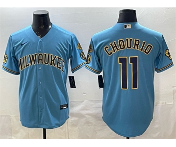 Men's Milwaukee Brewers #11 Jackson Chourio Blue With Home & Bob Uecker Patch Stitched Baseball Jersey