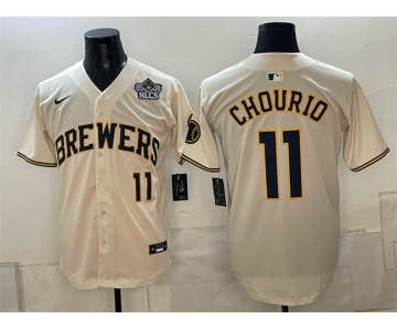 Men's Milwaukee Brewers #11 Jackson Chourio Cream 2026 NLCS Patch Stitched Baseball Jersey