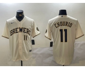 Men's Milwaukee Brewers #11 Jackson Chourio Number Cream Stitched Cool Base Nike Jersey