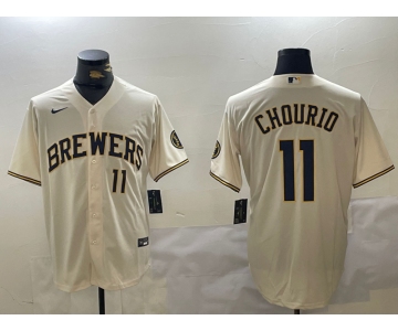 Men's Milwaukee Brewers #11 Jackson Chourio Number Cream Stitched Cool Base Nike Jersey