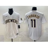 Men's Milwaukee Brewers #11 Jackson Chourio White Pinstripe 2025 With Patch Stitched Baseball Jersey