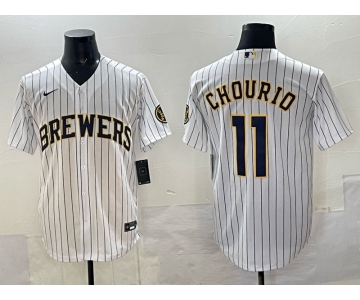 Men's Milwaukee Brewers #11 Jackson Chourio White Pinstripe 2025 With Patch Stitched Baseball Jersey