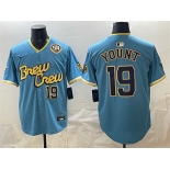 Men's Milwaukee Brewers #19 Robin Yount Powder Blue City Connect With Home & Bob Uecker Patch Limited Stitched Baseball Jersey