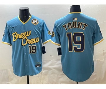 Men's Milwaukee Brewers #19 Robin Yount Powder Blue City Connect With Home & Bob Uecker Patch Limited Stitched Baseball Jersey