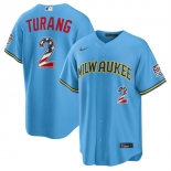 Men's Milwaukee Brewers #2 Brice Turang Blue 2026 USA 250 Fourth of July Home Stadium Stitched Baseball Jersey Men's Milwaukee Brewers #2 Brice Turang Blue 2026 USA 250 Fourth of July Home Stadium Stitched Baseball Jersey