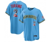 Men's Milwaukee Brewers #2 Brice Turang Blue 2026 USA 250 Fourth of July Home Stadium Stitched Baseball Jersey Men's Milwaukee Brewers #2 Brice Turang Blue 2026 USA 250 Fourth of July Home Stadium Stitched Baseball Jersey