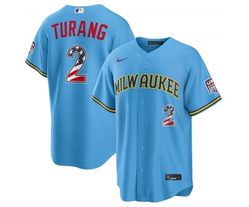 Men's Milwaukee Brewers #2 Brice Turang Blue 2026 USA 250 Fourth of July Home Stadium Stitched Baseball Jersey