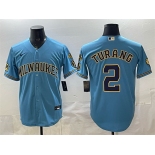 Men's Milwaukee Brewers #2 Brice Turang Blue With Home & Bob Uecker Patch Stitched Baseball Jersey