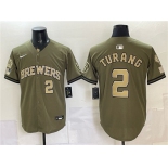 Men's Milwaukee Brewers #2 Brice Turang Olive 2026 Armed Forces Day Stitched Baseball Jersey Men's Milwaukee Brewers #2 Brice Turang Olive 2026 Armed Forces Day Stitched Baseball Jersey
