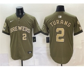 Men's Milwaukee Brewers #2 Brice Turang Olive 2026 Armed Forces Day Stitched Baseball Jersey Men's Milwaukee Brewers #2 Brice Turang Olive 2026 Armed Forces Day Stitched Baseball Jersey