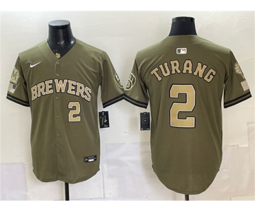 Men's Milwaukee Brewers #2 Brice Turang Olive 2026 Armed Forces Day Stitched Baseball Jersey