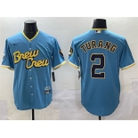 Men's Milwaukee Brewers #2 Brice Turang Powder Blue City Connect Cool Base Stitched Jersey Men's Milwaukee Brewers #2 Brice Turang Powder Blue City Connect Cool Base Stitched Jersey