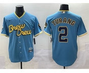 Men's Milwaukee Brewers #2 Brice Turang Powder Blue City Connect Cool Base Stitched Jersey Men's Milwaukee Brewers #2 Brice Turang Powder Blue City Connect Cool Base Stitched Jersey