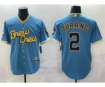 Men's Milwaukee Brewers #2 Brice Turang Powder Blue City Connect Cool Base Stitched Jersey
