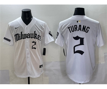 Men's Milwaukee Brewers #2 Brice Turang White 'Gothic  Shadows Edition' Vapor Premier Limited Stitched Jersey