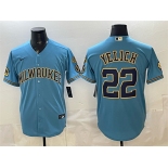 Men's Milwaukee Brewers #22 Christian Yelich Blue With Home & Bob Uecker Patch Stitched Baseball Jersey