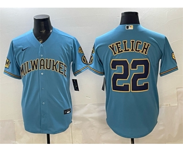 Men's Milwaukee Brewers #22 Christian Yelich Blue With Home & Bob Uecker Patch Stitched Baseball Jersey