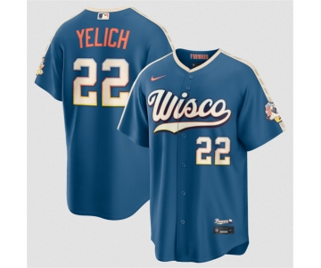 Men's Milwaukee Brewers #22 Christian Yelich Mineral Blue 2026 City Connect Stadium Stitched Stitched Baseball Jersey