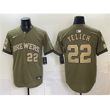 Men's Milwaukee Brewers #22 Christian Yelich Olive 2026 Armed Forces Day Stitched Baseball Jersey Men's Milwaukee Brewers #22 Christian Yelich Olive 2026 Armed Forces Day Stitched Baseball Jersey