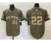 Men's Milwaukee Brewers #22 Christian Yelich Olive 2026 Armed Forces Day Stitched Baseball Jersey Men's Milwaukee Brewers #22 Christian Yelich Olive 2026 Armed Forces Day Stitched Baseball Jersey