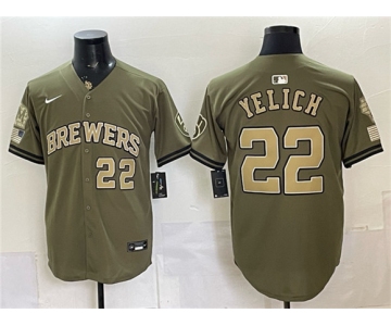 Men's Milwaukee Brewers #22 Christian Yelich Olive 2026 Armed Forces Day Stitched Baseball Jersey