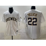 Men's Milwaukee Brewers #22 Christian Yelich White Pinstripe 2025 With Patch Stitched Jersey Men's Milwaukee Brewers #22 Christian Yelich White Pinstripe 2025 With Patch Stitched Jersey