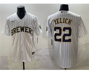 Men's Milwaukee Brewers #22 Christian Yelich White Pinstripe 2025 With Patch Stitched Jersey Men's Milwaukee Brewers #22 Christian Yelich White Pinstripe 2025 With Patch Stitched Jersey