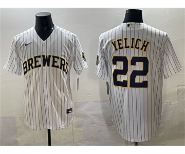 Men's Milwaukee Brewers #22 Christian Yelich White Pinstripe 2025 With Patch Stitched Jersey