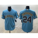 Men's Milwaukee Brewers #24 William Contreras Blue With Home & Bob Uecker Patch Stitched Baseball Jersey