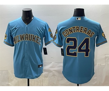 Men's Milwaukee Brewers #24 William Contreras Blue With Home & Bob Uecker Patch Stitched Baseball Jersey