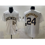 Men's Milwaukee Brewers #24 William Contreras White Pinstripe 2025 With Patch Stitched Stitched Jersey Men's Milwaukee Brewers #24 William Contreras White Pinstripe 2025 With Patch Stitched Stitched Jersey
