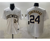 Men's Milwaukee Brewers #24 William Contreras White Pinstripe 2025 With Patch Stitched Stitched Jersey Men's Milwaukee Brewers #24 William Contreras White Pinstripe 2025 With Patch Stitched Stitched Jersey