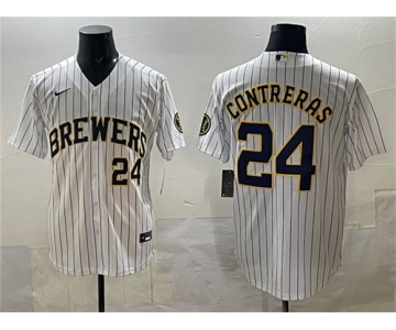 Men's Milwaukee Brewers #24 William Contreras White Pinstripe 2025 With Patch Stitched Stitched Jersey