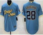 Men's Milwaukee Brewers #28 Andrew Vaughn Powder Blue 2022 City Connect Cool Base Jersey Men's Milwaukee Brewers #28 Andrew Vaughn Powder Blue 2022 City Connect Cool Base Jersey