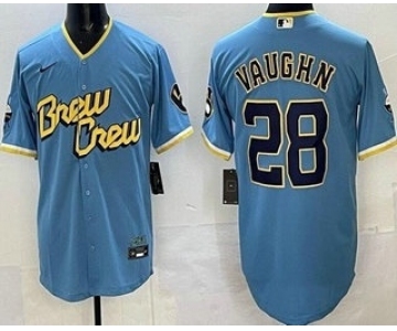 Men's Milwaukee Brewers #28 Andrew Vaughn Powder Blue 2022 City Connect Cool Base Jersey