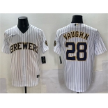 Men's Milwaukee Brewers #28 Andrew Vaughn White Pinstripe 2025 With Patch Stitched Baseball Jersey Men's Milwaukee Brewers #28 Andrew Vaughn White Pinstripe 2025 With Patch Stitched Baseball Jersey