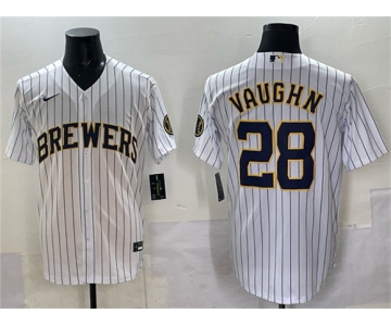 Men's Milwaukee Brewers #28 Andrew Vaughn White Pinstripe 2025 With Patch Stitched Baseball Jersey