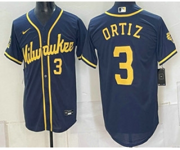 Men's Milwaukee Brewers #3 Joey Ortiz Navy Cool Base Stitched Jersey