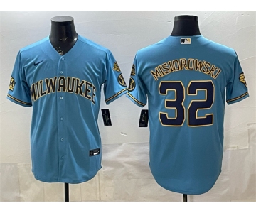 Men's Milwaukee Brewers #32 Jacob Misiorowski Blue With Home & Bob Uecker Patch Stitched Baseball Jersey