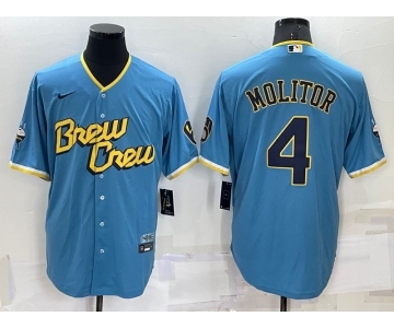 Men's Milwaukee Brewers #4 Paul Molitor Blue 2022 City Connect Cool Base Stitched Jersey