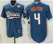 Men's Milwaukee Brewers #4 Paul Molitor Blue With 54 Seasons Patch 2026 City Connect Stadium Jersey Men's Milwaukee Brewers #4 Paul Molitor Blue With 54 Seasons Patch 2026 City Connect Stadium Jersey