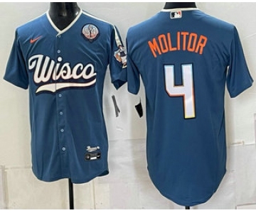 Men's Milwaukee Brewers #4 Paul Molitor Blue With 54 Seasons Patch 2026 City Connect Stadium Jersey