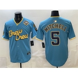 Men's Milwaukee Brewers #5 Garrett Mitchell Powder Blue City Connect With Home & Bob Uecker Patch Limited Stitched Baseball Jersey