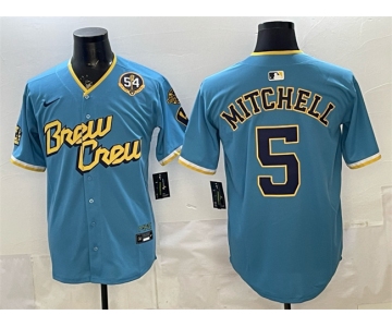 Men's Milwaukee Brewers #5 Garrett Mitchell Powder Blue City Connect With Home & Bob Uecker Patch Limited Stitched Baseball Jersey
