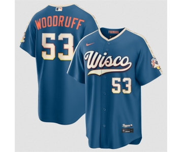 Men's Milwaukee Brewers #53 Brandon Woodruff Mineral Blue 2026 City Connect Stadium Stitched Stitched Baseball Jersey