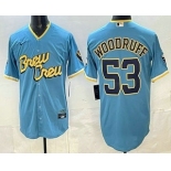 Men's Milwaukee Brewers #53 Brandon Woodruff Powder Blue 2022 City Connect Cool Base Jersey